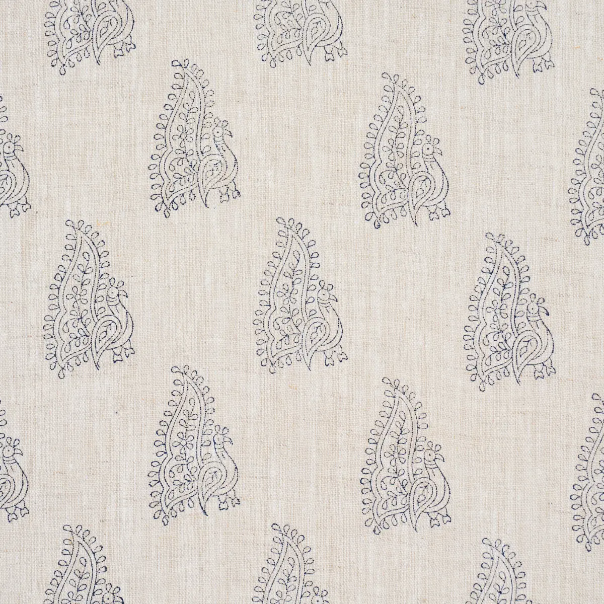 PEACOCK LINEN HAND BLOCKED PRINT_ NAVY & FLAX