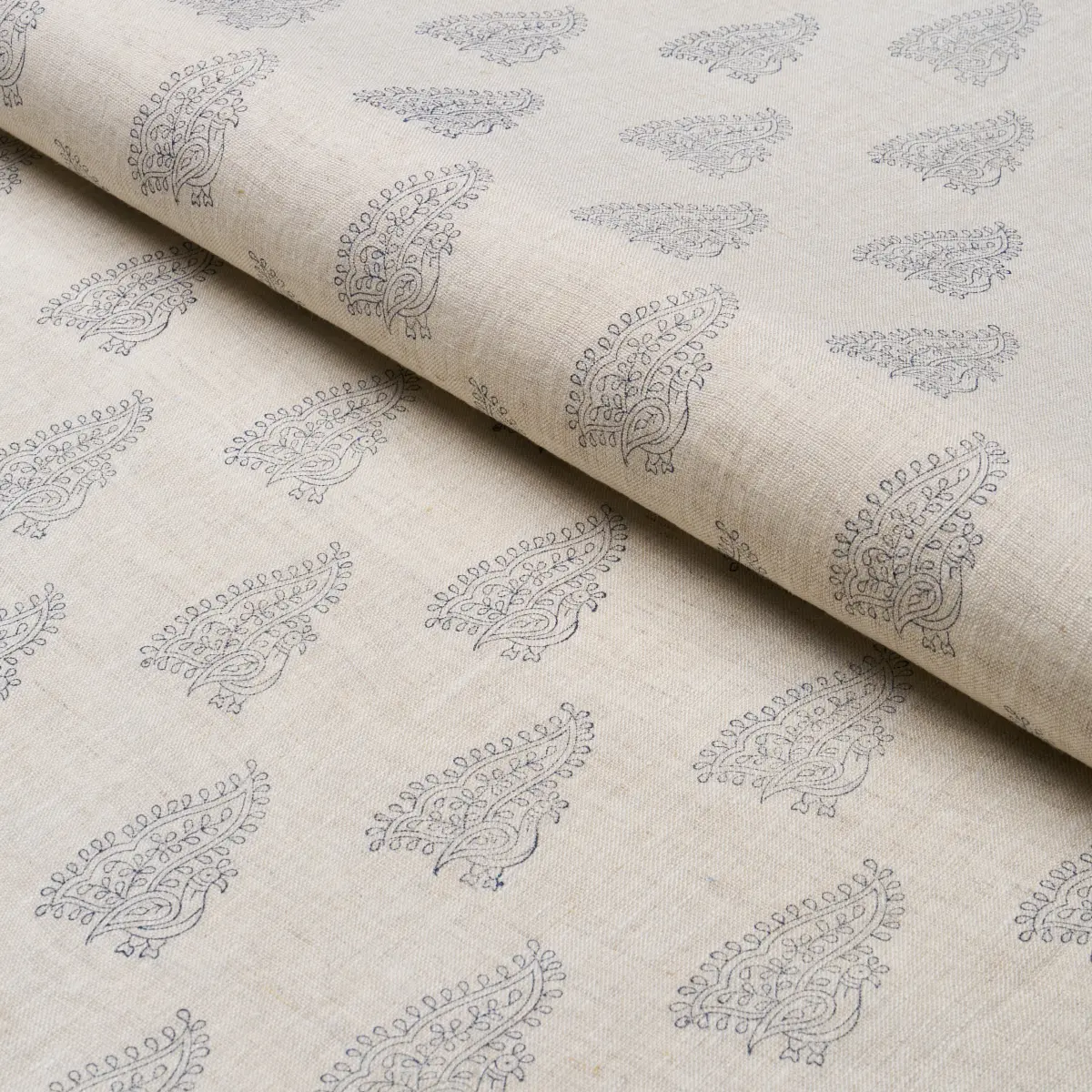 PEACOCK LINEN HAND BLOCKED PRINT_ NAVY & FLAX
