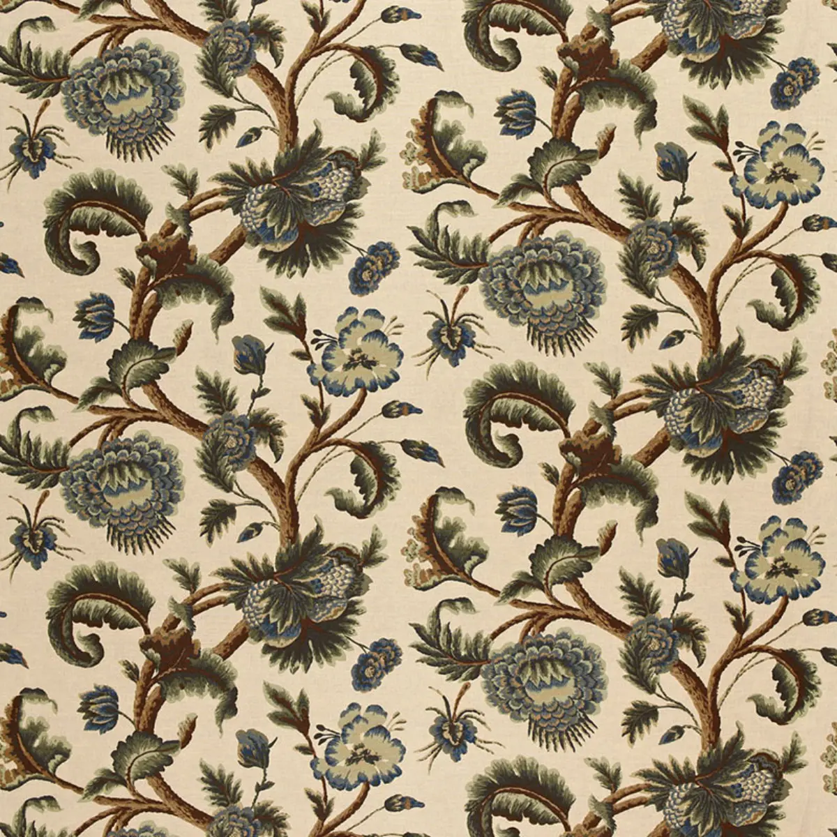 JACOBEAN PRINTED CREWEL_ MULTI BLUES WOOD TONES