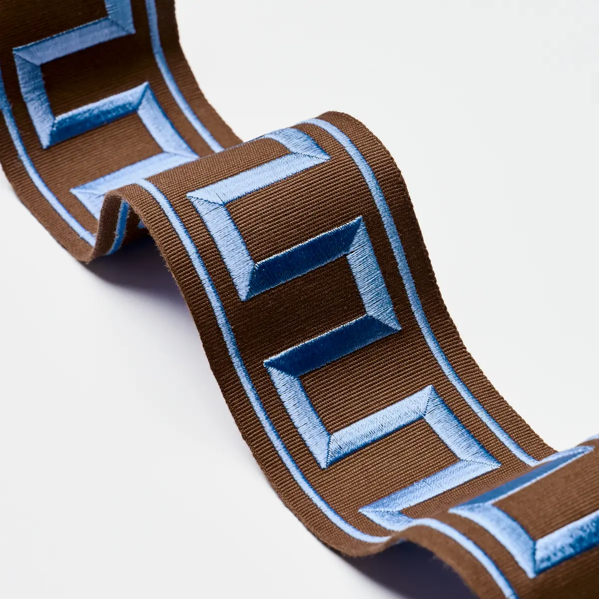 GREEK KEY EMBROIDERED TAPE_ BLUE ON BROWN