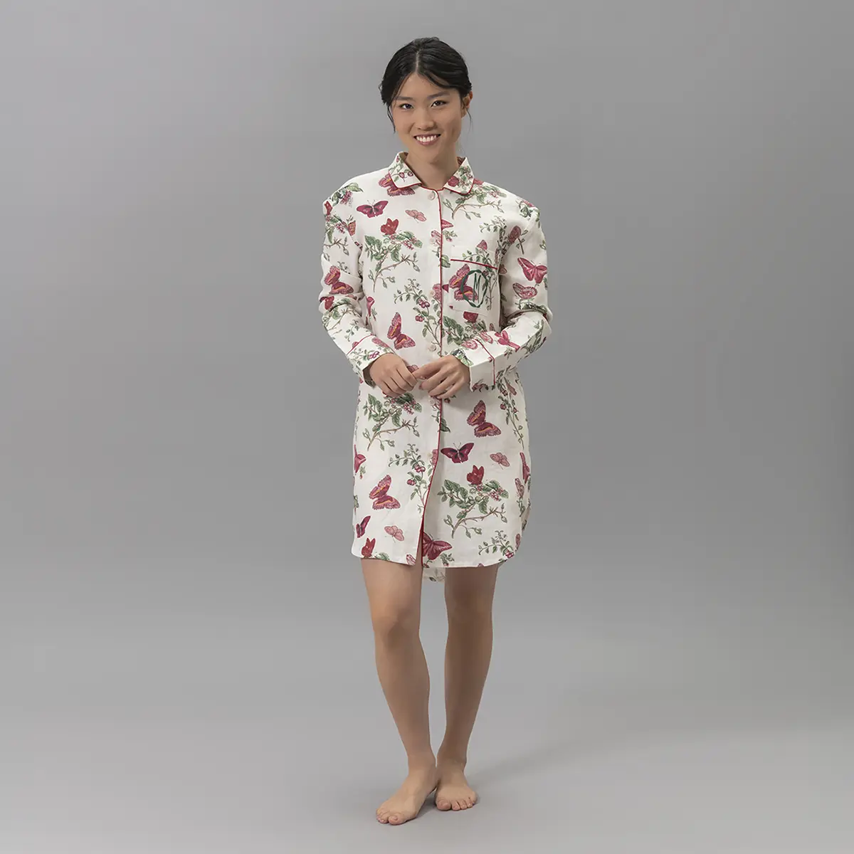Baudin Butterfly Linen Sleep Shirt_ RUBY