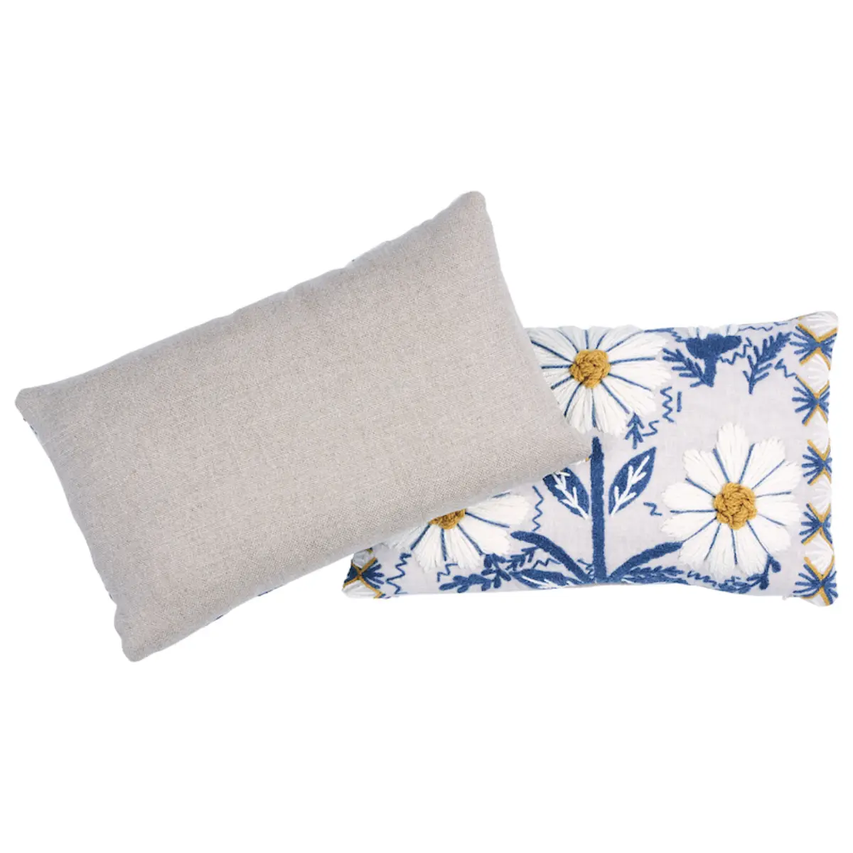 Marguerite Embroidery Pillow A_ BLUE & OCHRE