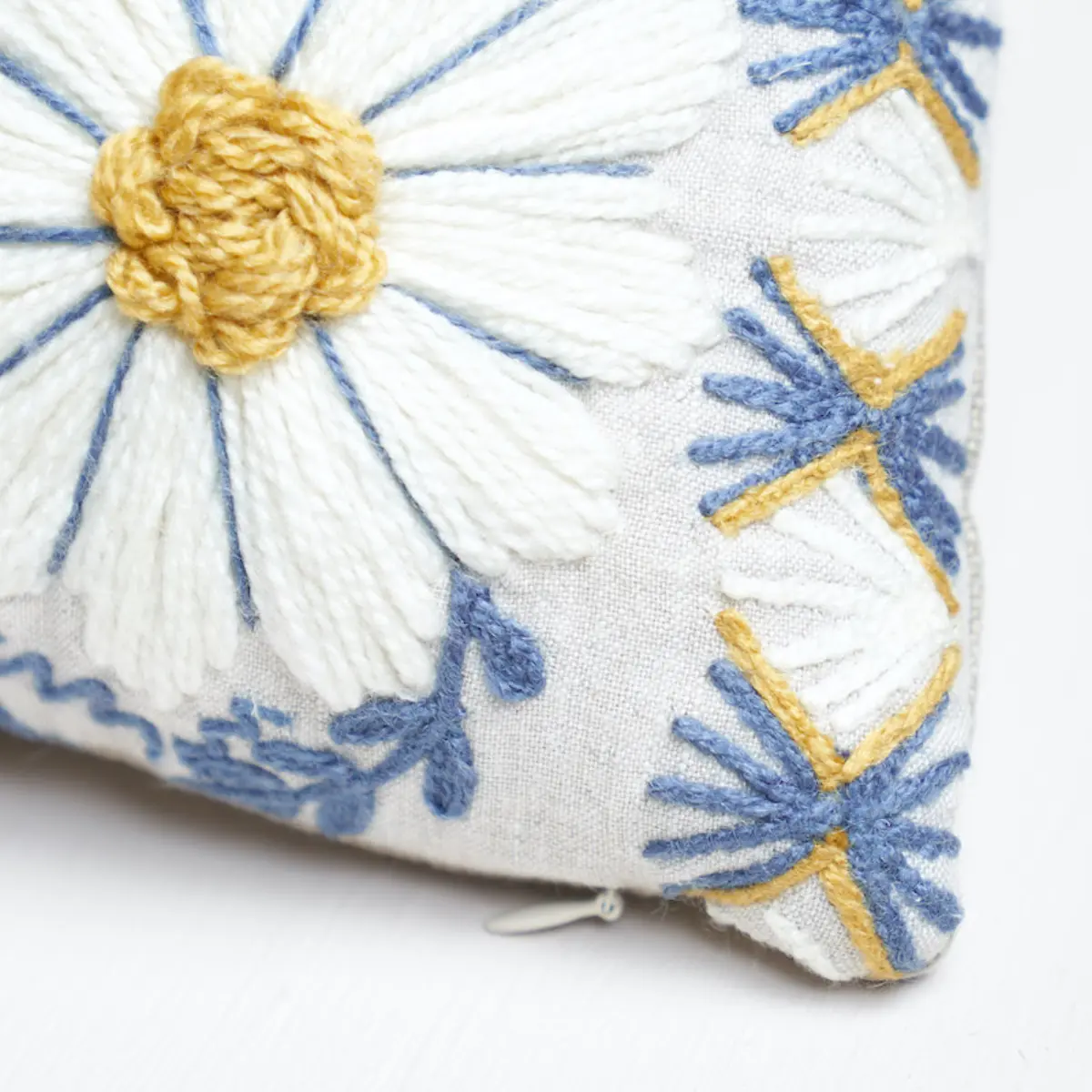 Marguerite Embroidery Pillow A_ BLUE & OCHRE