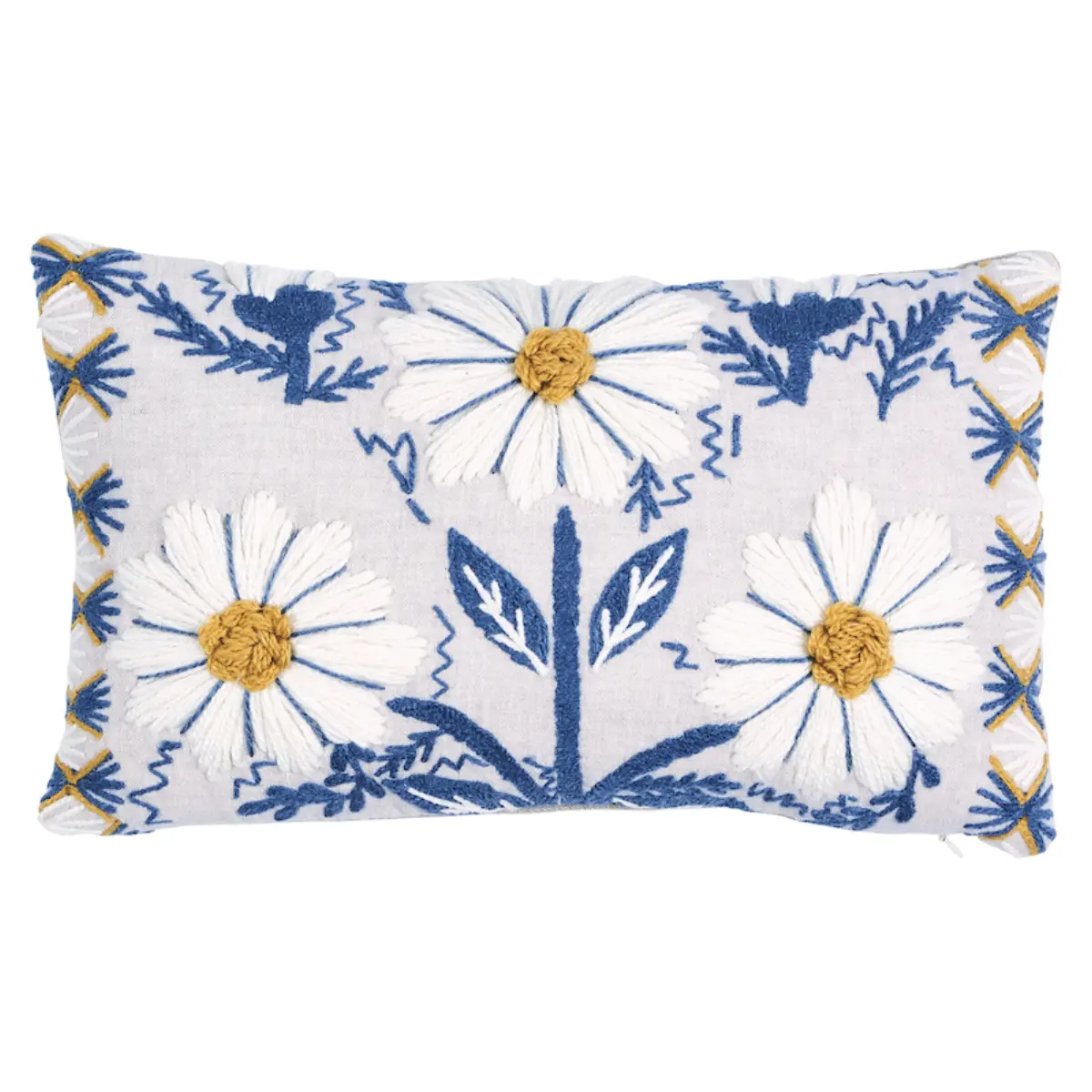 Marguerite Embroidery Pillow A_ BLUE & OCHRE