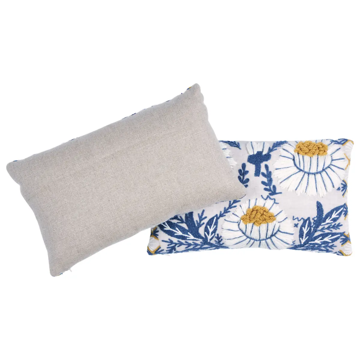 Marguerite Embroidery Pillow B_ BLUE & OCHRE