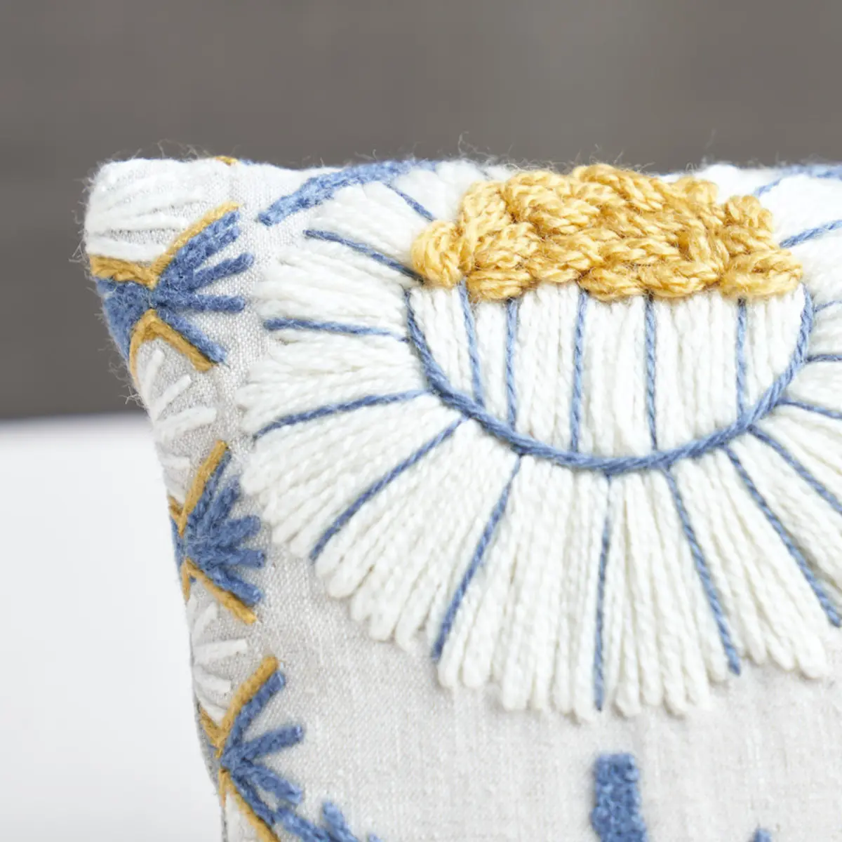 Marguerite Embroidery Pillow B_ BLUE & OCHRE