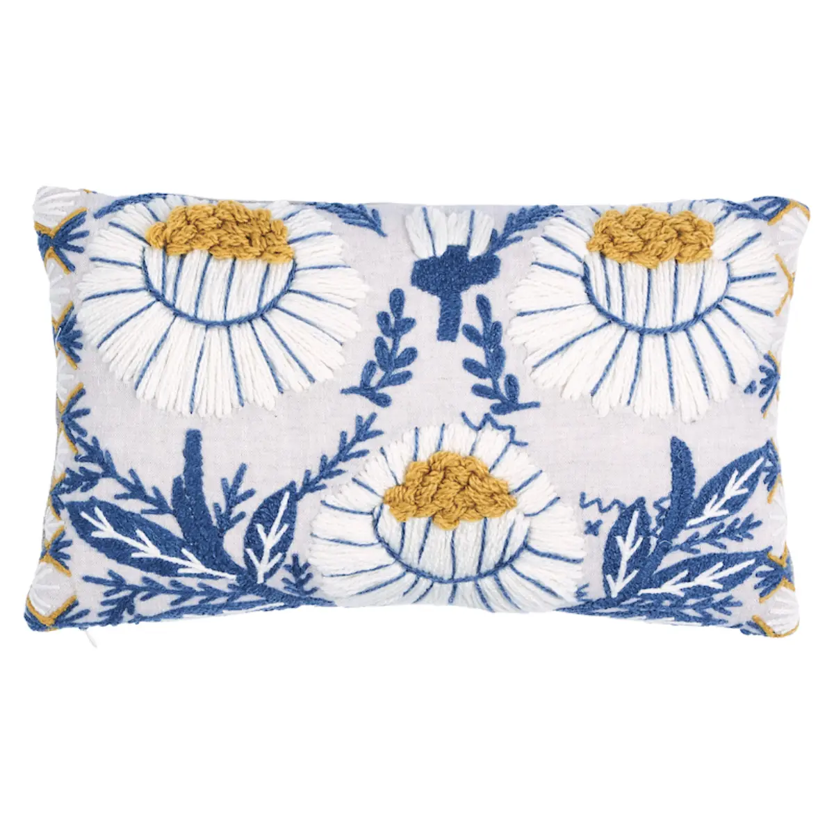 Marguerite Embroidery Pillow B_ BLUE & OCHRE