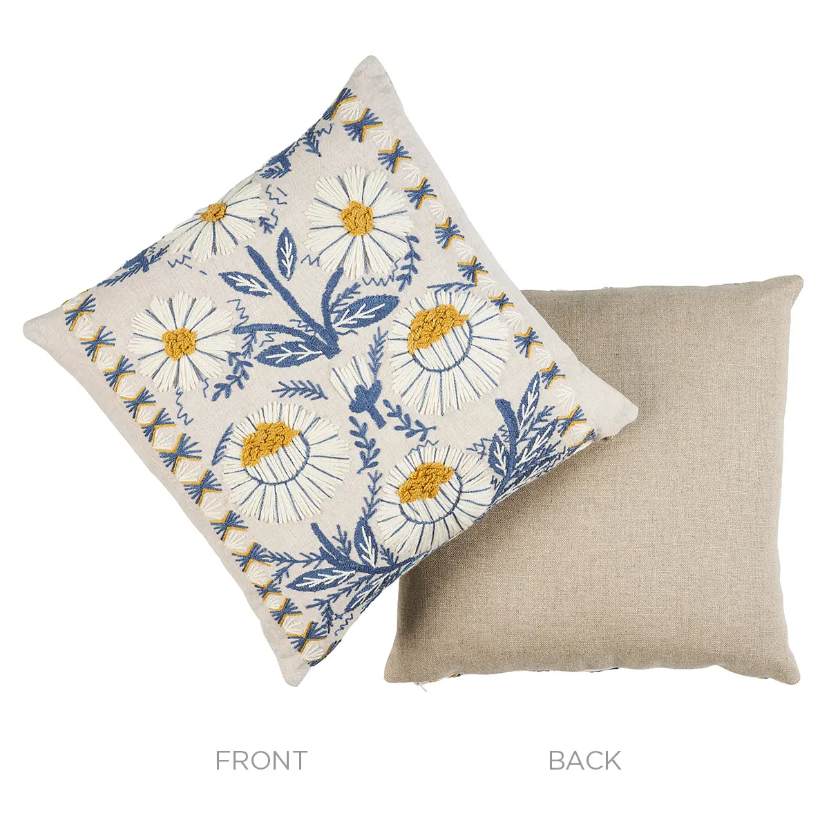 Marguerite Embroidery Pillow_ BLUE & OCHRE