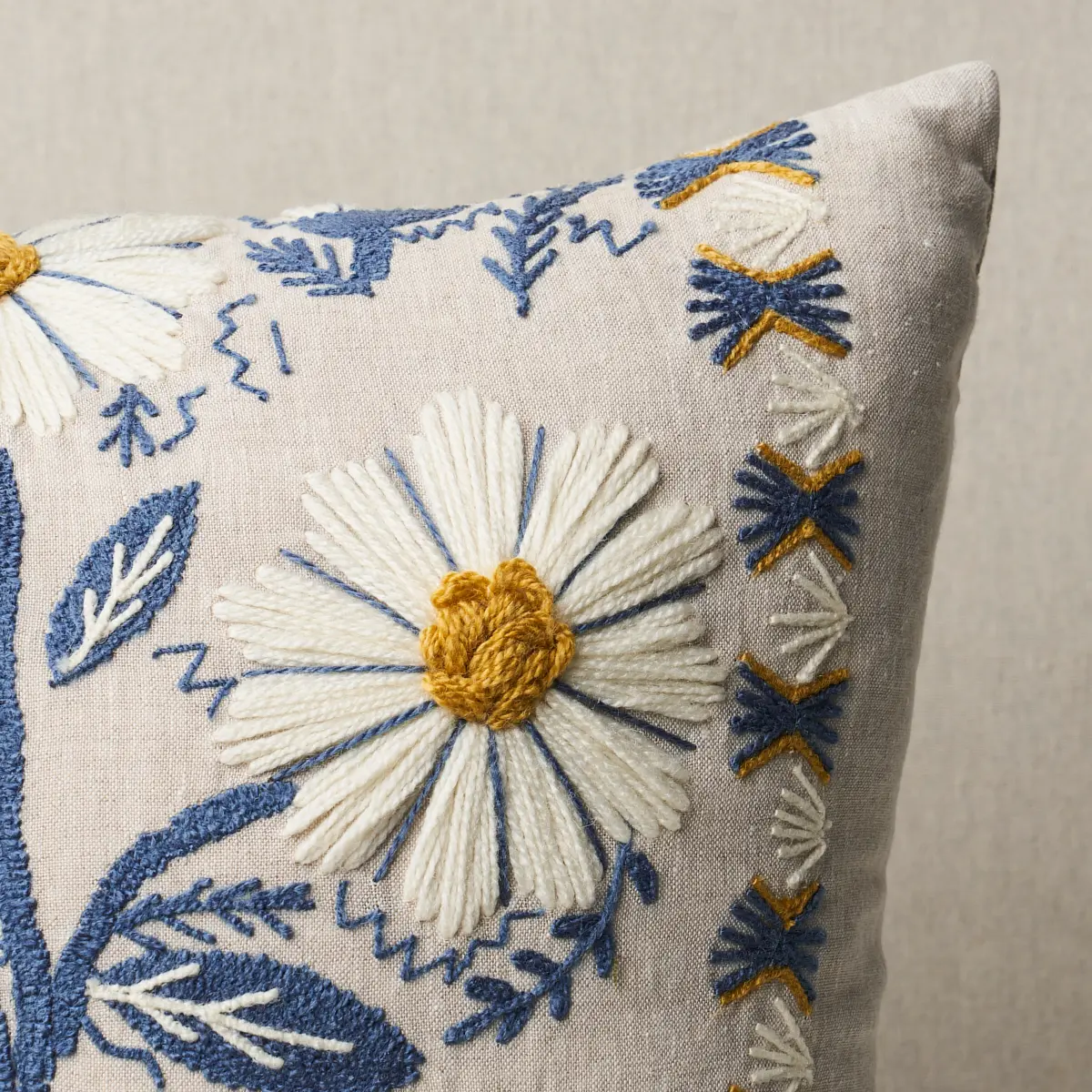 Marguerite Embroidery Pillow_ BLUE & OCHRE