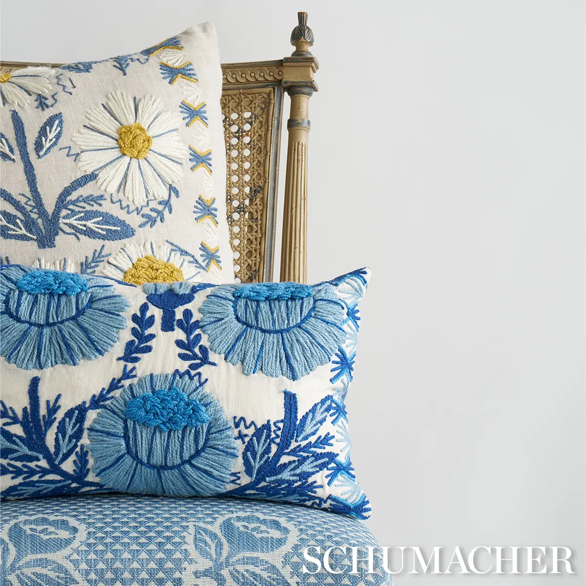 Marguerite Embroidery Pillow_ BLUE & OCHRE