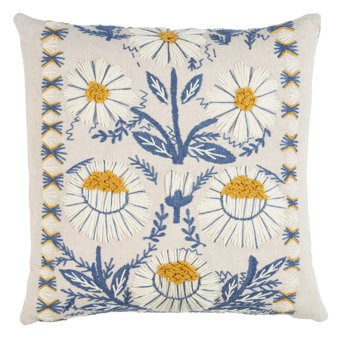 Marguerite Embroidery Pillow_ BLUE & OCHRE