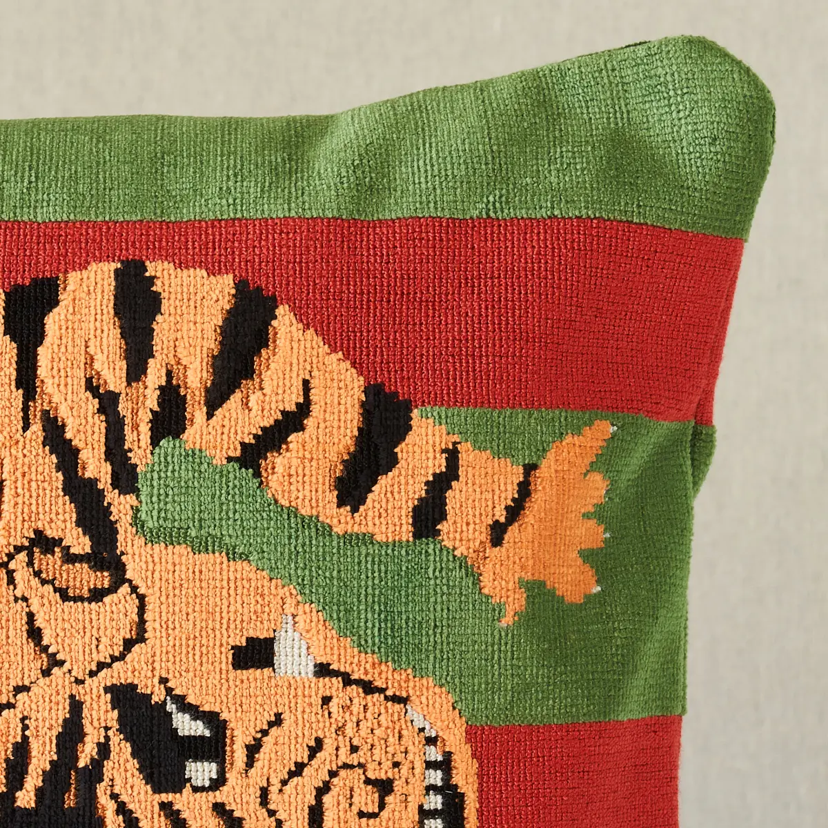 Jokhang Tiger Velvet Pillow_ RED & GREEN