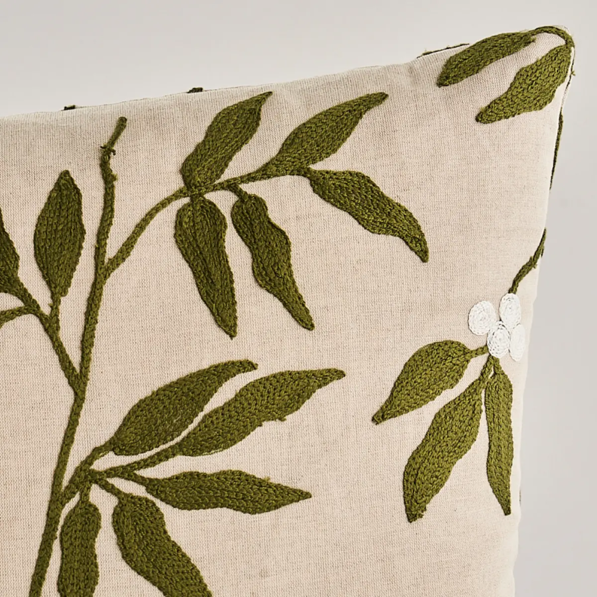 Lilla Embroidery Pillow_ OLIVE ON NEUTRAL