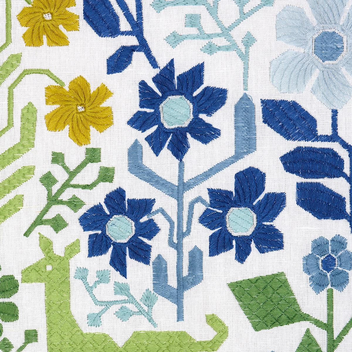 Lupita Embroidery - Green & Blue Fabrics | Schumacher