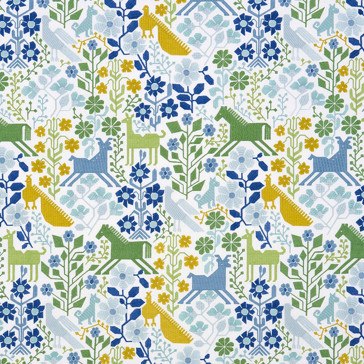 Lupita Embroidery - Green & Blue Fabrics | Schumacher
